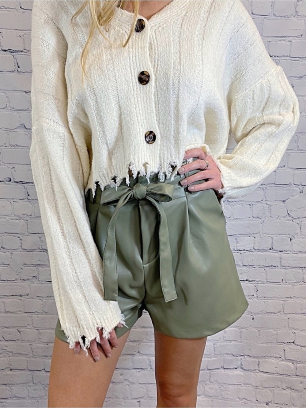 Altar'd State Cream Cropped Distressed Button Cardigan